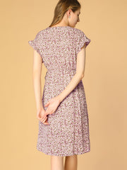 Ditsy Floral V Neck Ruffle Flutter Sleeve Midi Wrap Dress