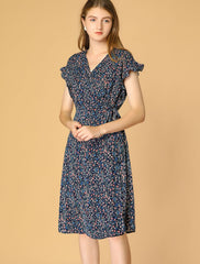 Ditsy Floral V Neck Ruffle Flutter Sleeve Midi Wrap Dress