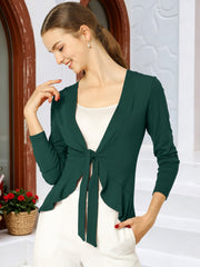 Women's Tie Front Knit Ruffled Long Sleeve Open Cardigan