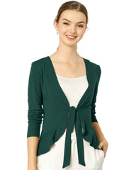 Women's Tie Front Knit Ruffled Long Sleeve Open Cardigan