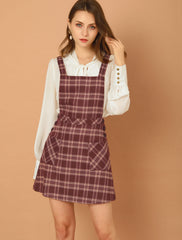Plaid Tartan Button Decor A-Line Pinafore Overall Dress