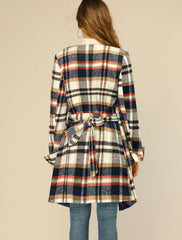 Belted Wrap Outerwear Shawl Collar Asymmetric Hem Plaid Coat