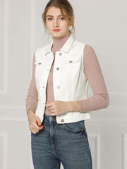 Buttoned Chest Flap Pocket Washed Denim Jacket Vest
