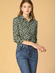 Button Down Floral Shirt Blouse Long Sleeve Point Collar Top