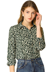 Button Down Floral Shirt Blouse Long Sleeve Point Collar Top