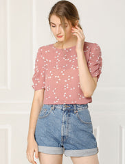 Floral Crew Neck Ruched Sleeve Casual Blouse