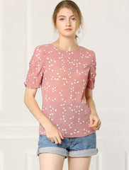 Floral Crew Neck Ruched Sleeve Casual Blouse