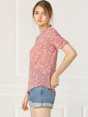 Floral Crew Neck Ruched Sleeve Casual Blouse