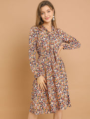 Tie Neck Chiffon Long Sleeve Belted Vintage Floral Dress