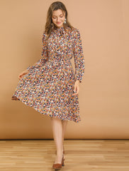 Tie Neck Chiffon Long Sleeve Belted Vintage Floral Dress