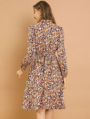 Tie Neck Chiffon Long Sleeve Belted Vintage Floral Dress
