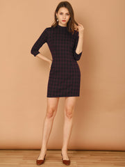 Mock Neck 3/4 Sleeve Slim Check Office Work Plaid Dress