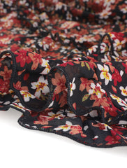 Long Sleeve V Neck Elastic Waist Ruffle Hem Chiffon Floral Dress