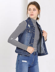 Lapel Button Closure Sleeveless Washed Distressed Denim Vest