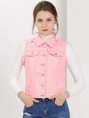 Lapel Button Closure Sleeveless Washed Distressed Denim Vest
