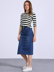 Striped 3/4 Sleeve Round Neck Casual T-Shirt