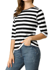 Striped 3/4 Sleeve Round Neck Casual T-Shirt