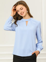 Keyhole Elegant Stand Collar Long Sleeve Chiffon Office Blouse