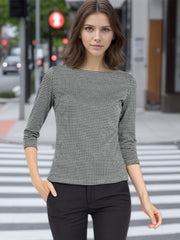 Work Office 3/4 Sleeve Boat Neck Houndstooth Printed Top Blouse