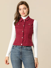 Buttoned Chest Flap Pocket Washed Denim Jacket Vest