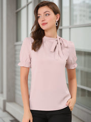 Bow Tie Neck Elegant Office Short Sleeve Blouse