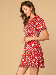 Button Up Short Sleeve A-Line Chiffon Vintage Floral Shirt Dress