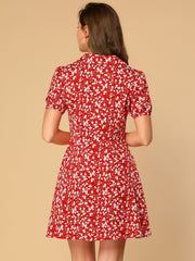 Button Up Short Sleeve A-Line Chiffon Vintage Floral Shirt Dress