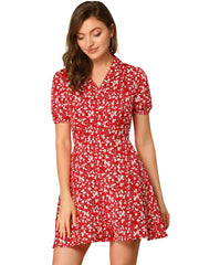 Button Up Short Sleeve A-Line Chiffon Vintage Floral Shirt Dress