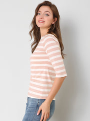 Striped 3/4 Sleeve Round Neck Casual T-Shirt