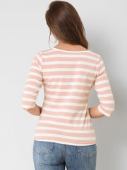 Striped 3/4 Sleeve Round Neck Casual T-Shirt