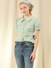 Puff Sleeve Shirt Point Collar Top Button Down Floral Blouse