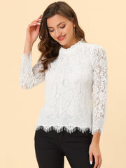 Lace Long Sleeve Ruffle Stand Neck Floral Blouse