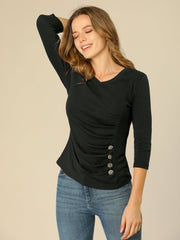 3/4 Sleeves V Neck Solid Knitted Button Decor Ruched Blouse