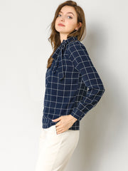 Bow Tie Neck Grid Checks Shirt Office Work Tops Blouse