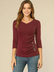 3/4 Sleeves V Neck Solid Knitted Button Decor Ruched Blouse