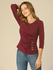 3/4 Sleeves V Neck Solid Knitted Button Decor Ruched Blouse