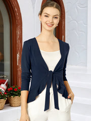 Women's Tie Front Knit Ruffled Long Sleeve Open Cardigan