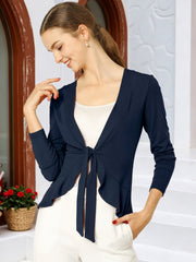 Women's Tie Front Knit Ruffled Long Sleeve Open Cardigan