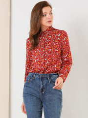 Button Down Floral Shirt Blouse Long Sleeve Point Collar Top