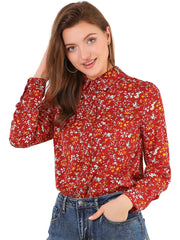 Button Down Floral Shirt Blouse Long Sleeve Point Collar Top