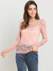 Retro Lace Semi Sheer Puff Long Sleeve Embroidery Blouse