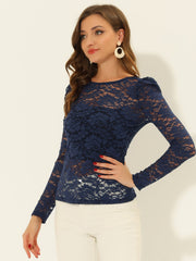 Retro Lace Semi Sheer Puff Long Sleeve Embroidery Blouse