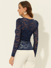 Retro Lace Semi Sheer Puff Long Sleeve Embroidery Blouse