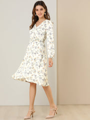 Floral Print V-Neck Long Sleeve Smocked Waist Midi Dress
