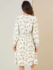 Floral Print V-Neck Long Sleeve Smocked Waist Midi Dress