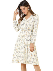 Floral Print V-Neck Long Sleeve Smocked Waist Midi Dress