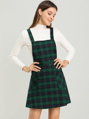 Plaid Tartan Button Decor A-Line Pinafore Overall Dress