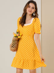Summer Sweetheart Neck Ruffled Hem Puff Short Sleeve Polka Dots Dress