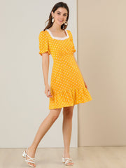 Summer Sweetheart Neck Ruffled Hem Puff Short Sleeve Polka Dots Dress