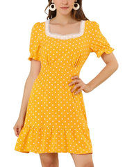 Summer Sweetheart Neck Ruffled Hem Puff Short Sleeve Polka Dots Dress